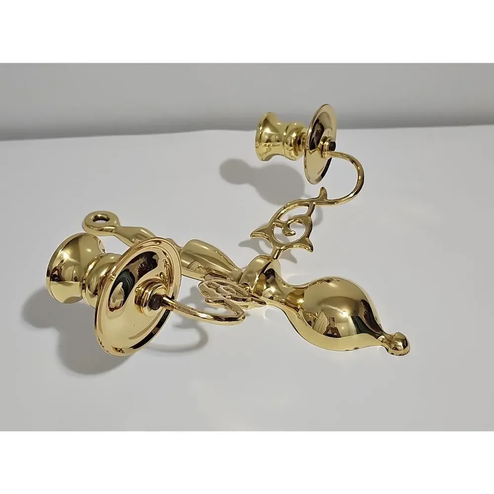 Solid Polished Brass Double Arm Wall Hanging Sconce Candle Holder Vintage
